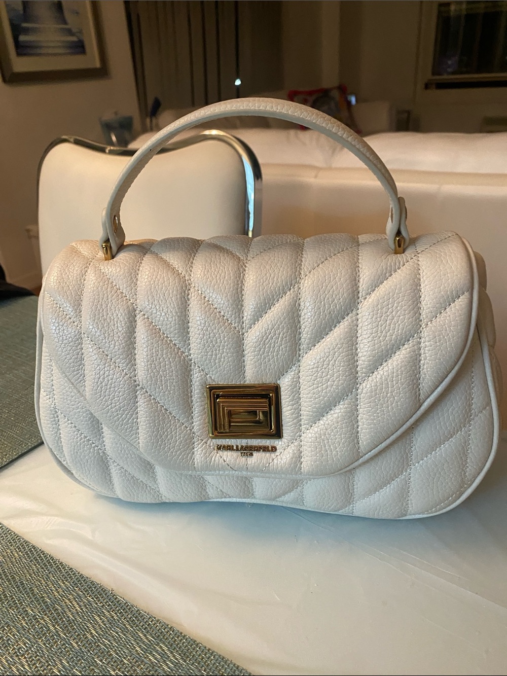 Karl Lagerfeld White Quilted Top-Handle Satchel with Gold Hardware